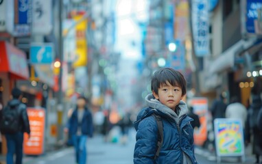 Fototapeta premium A young boy stands on a busy city street, looking up at the sky. The scene is bustling with activity, with several people walking around and carrying backpacks. The boy is wearing a blue jacket