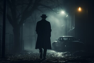 A mysterious man in a dark suit entering a foggy alleyway, vintage street lamps creating a noir atmosphere, concept of secrecy and intrigue - obrazy, fototapety, plakaty