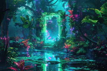 Obraz premium a fantasy fantasy garden with neon lights and plants
