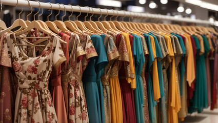 A clothing rack with colorful dresses on hangers