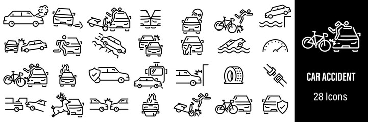 Car Accident Web Icons. Broken Car, Side Collision, Insurance, Road Obstacles, Vehicle. Vector in Line Style Icons