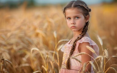 A young girl with braided hair stands in a field of tall golden wheat. She looks sad and is staring off into the distance - Powered by Adobe