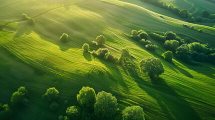 Green hills with trees and fresh green grass. 