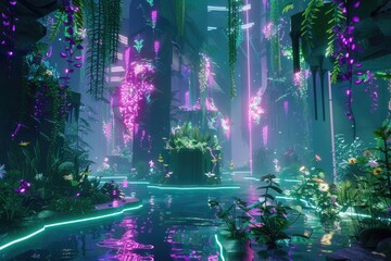 Obraz premium a fantasy fantasy garden with neon lights and plants