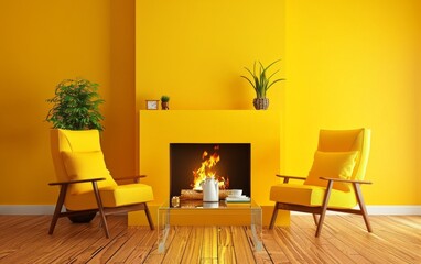 A yellow room with a fireplace and two yellow chairs. The room has a warm and inviting atmosphere