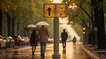 A pair of individuals, holding umbrellas, walk leisurely down a city street on a rainy day