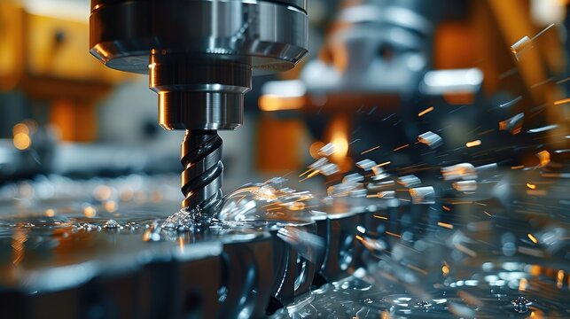A detailed close-up of a drill bit boring into a piece of metal, the precision and power of the machine. Generative AI.