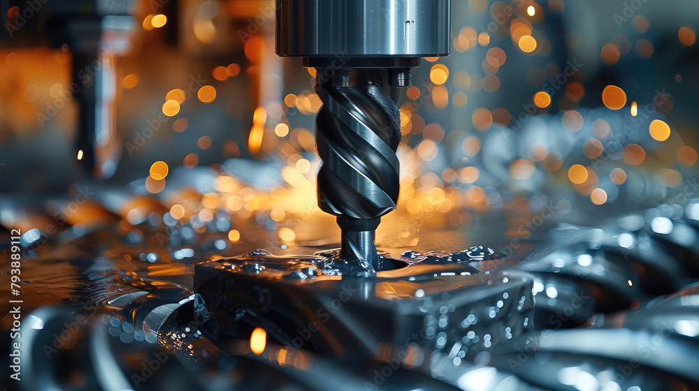 Aufkleber a detailed close-up of a drill bit boring into a piece of metal, the precision and power of the mach
