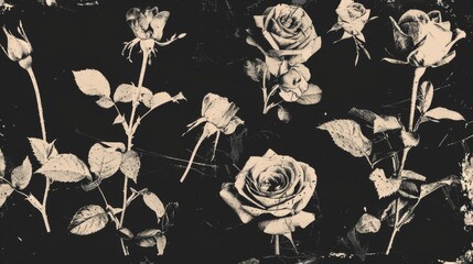 Cool grungy y2k rose set with a negative photocopy effect. Rough brutal elements for 90s vintage design. Ai generation.