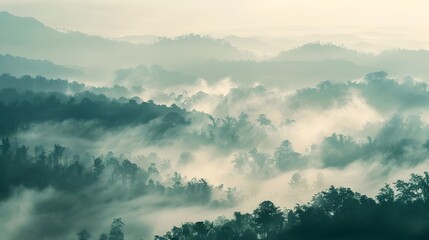 Ethereal Mist Cloaked Landscape Serene Layers of Haze Shroud a Verdant Mountain Panorama in Soothing Tones - obrazy, fototapety, plakaty