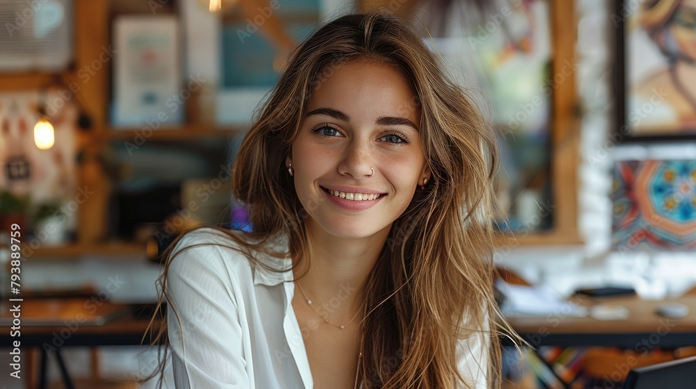 Fototapete Smiling entrepreneur in front of her computer with a web page in development. Generative AI.