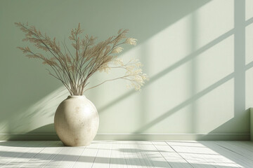Minimalist interior decor with ceramic vase and dry plant, minimal shadows on the wall neutral