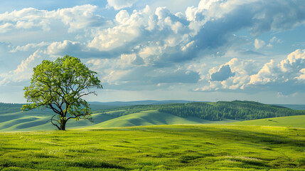 Green tree on the hills with fresh green grass. 