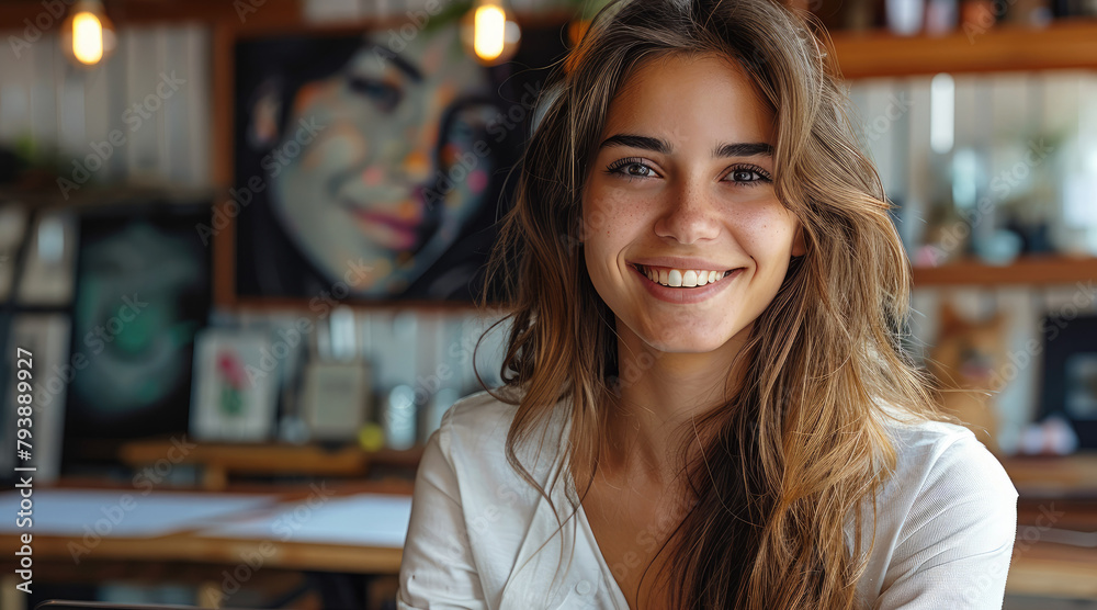 Fototapete Smiling entrepreneur in front of her computer with a web page in development. Generative AI.