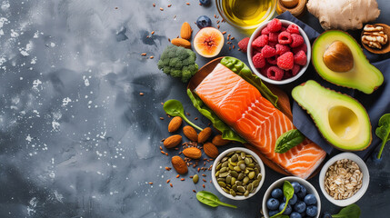 Healthy food clean eating selection: salmon, avocado, raspberries, blueberries, pumpkin seeds, flax seeds, nuts and fruits. Top view with copy space.