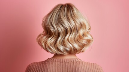 Fototapeta premium trendy women's hair styling blonde large curls. peach fuzz color, girl in profile with professional hair styling, back view