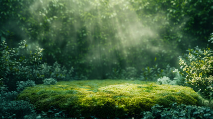 Sunlight filtering through verdant foliage onto a mossy forest floor. Empty copy space for product presentation. Natural green podium or stage. Generative AI