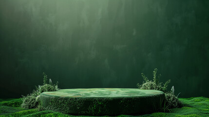 Enchanted forest stage with lush moss and hanging ivy under a mystical green light. Empty minimal podium for product presentation. Generative AI - obrazy, fototapety, plakaty