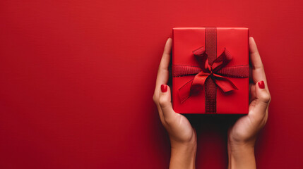 Hand holding red gift box with ribbon