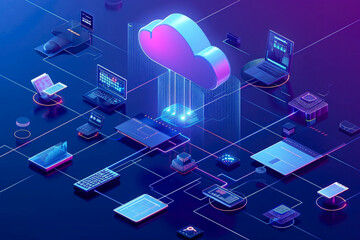 Isometric cloud storage for downloading, representing a digital service or application