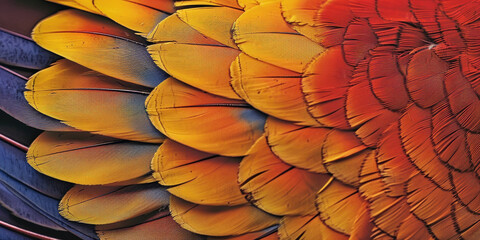 Macro photograph of a colorful parrot's feathers, showcasing its brilliant plumage and intricate patterns.