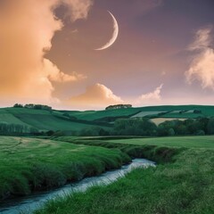 Serene Countryside Landscape with Crescent Moon
