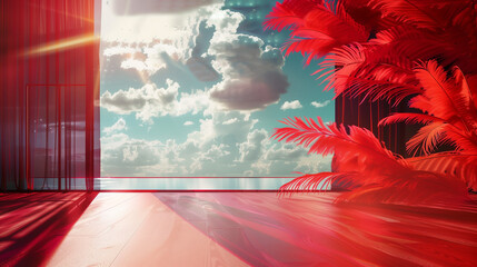 Sunlit room with red curtains, feather decor, and glossy floor facing a tropical seascape. Generative AI