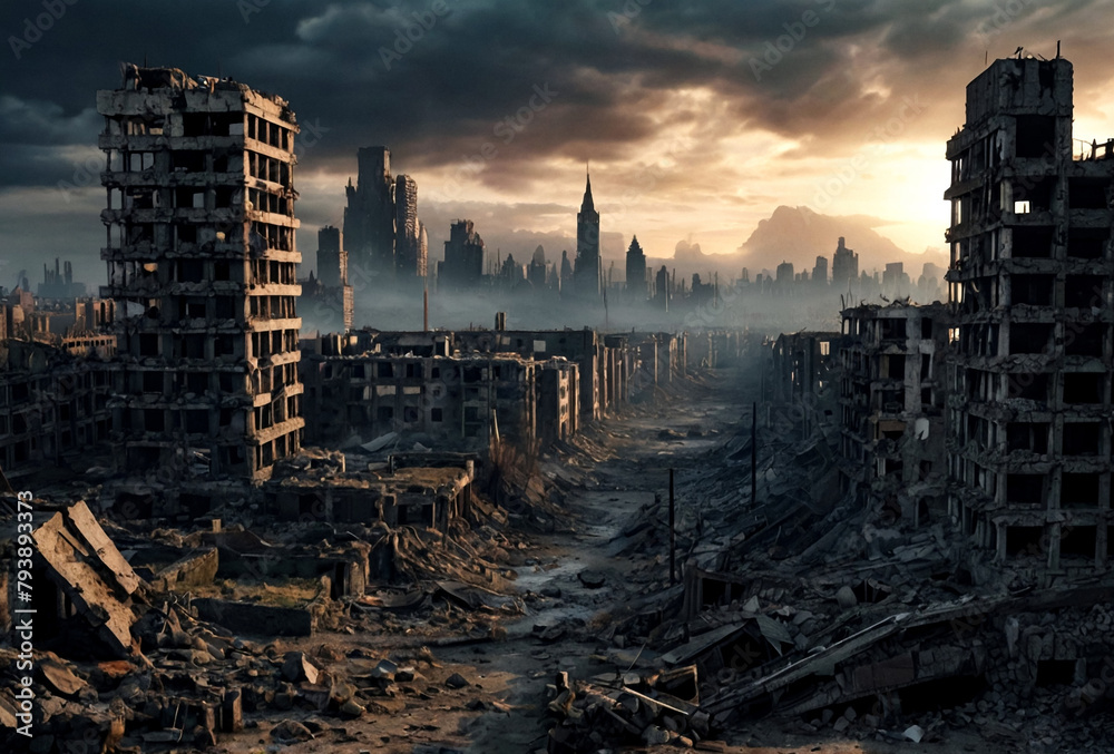 Wall mural Ruins of city, apocalyptic urban landscape, doomsday. Scenery of apocalypse survivor, abandoned damage city, skyline. Global apocalyptic conflict concept. Gen ai illustration. Copy ad text space