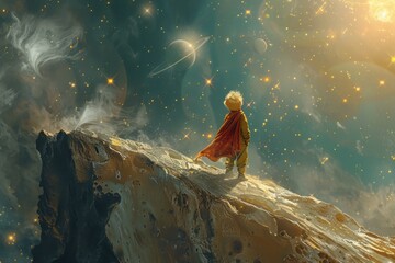 Celestial scene of the Little Prince's departure from Earth, soaring back to his beloved asteroid among the stars.  - obrazy, fototapety, plakaty