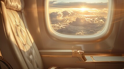 A light gold first-class cabin, with golden clouds outside the airplane window, leather armchairs, a foreground of an airplane tray table. Generative AI.