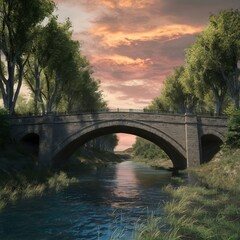 Fototapeta premium Serene River Flowing Beneath an Old Stone Bridge at Sunset