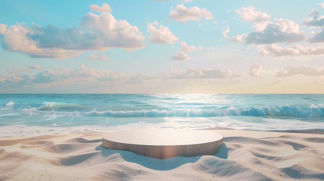 Empty 3D Podium On A Tranquil Beach For Showcasing Summer Products Or Wellness Products