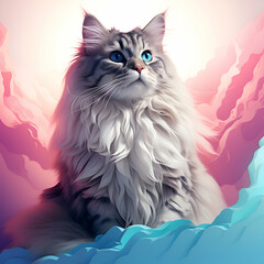 Siberian cat with blue eyes on a background of mountains.