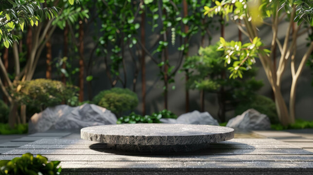 Empty Nature 3D Podium In A Serene Outdoor Environment For Showcasing Eco-friendly Products Or Wellness Products