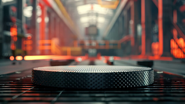 Empty Industrial-Style 3D Podium With Metallic Textures In A Warehouse For Showcasing Gadgets, Cars, Technology Or Electronics