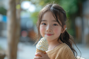 Little Asian girl eating ice cream in background of green trees of park