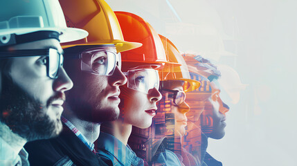 A team of businessmen with a double exposure against the background of a surreal construction site in the city.