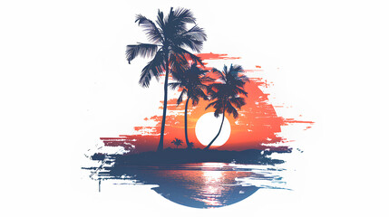The design of a template or logo depicting a beach with palm trees on a white background.