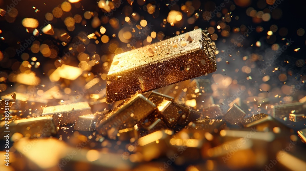Aufkleber a gold bars falling from above in a market crash scenario. set the background to black. generative a