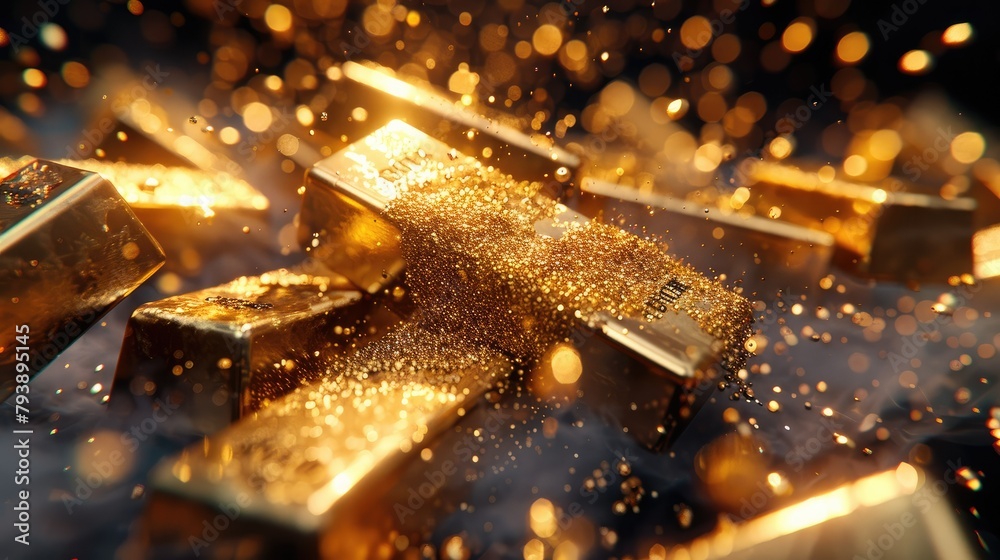 Poster a gold bars falling from above in a market crash scenario. set the background to black. generative a