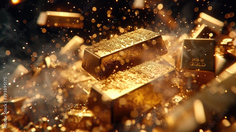 Poster A gold bars falling from above in a market crash scenario. Set the background to black. Generative AI.