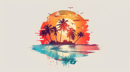 The design of a template or logo depicting a beach with palm trees on a white background.