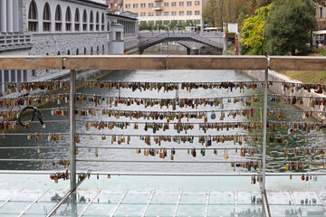 Many Padlocks Locked at Love Bridge Fence Ljubljanica River Slovenia