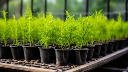 Tuinposter Small green thuja seedlings in black plastic pots, ready for spring planting in the ground. Evergreens. Growing plants for landscape design. Copy space. © Marina_Nov