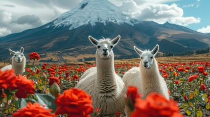 Obraz premium Three white llamas in field, with the snow-capped volcano in the background, surrounded by classic red roses. Generative AI.
