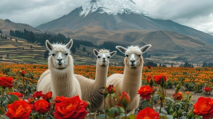Naklejka premium Three white llamas in field, with the snow-capped volcano in the background, surrounded by classic red roses. Generative AI.