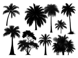 Black silhouettes of tropical palm trees on a white background. Set
