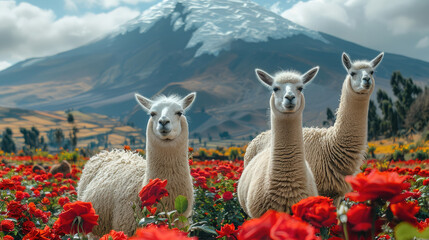 Obraz premium Three white llamas in field, with the snow-capped volcano in the background, surrounded by classic red roses. Generative AI.