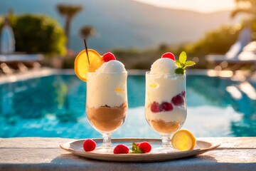 deux coupes de glace, ice cream, crème chantilly et fruits, au bord d'une piscine