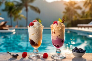 deux coupes de glace, ice cream, crème chantilly et fruits, au bord d'une piscine